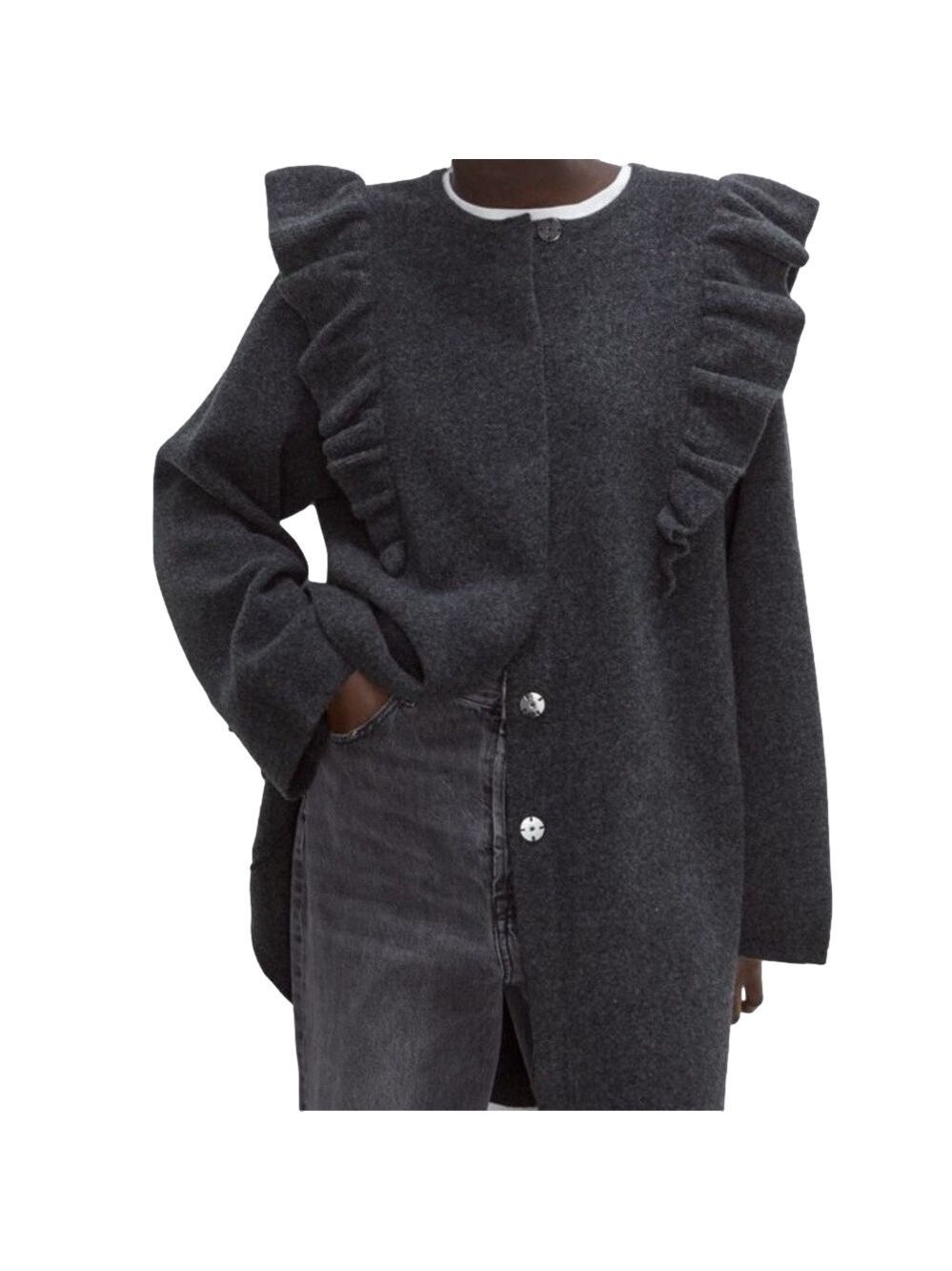Zara Ruffled Knit Wool Blend Coat in charcoal Gray medium